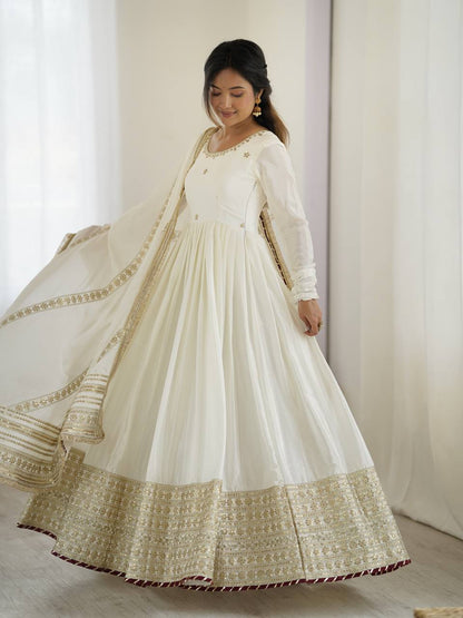 White Color Chinon Silk Thread Work Gown