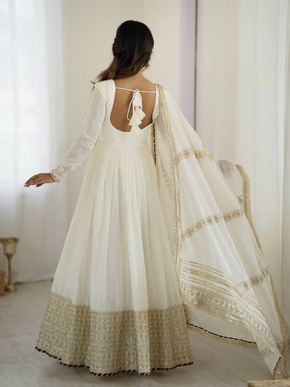 White Color Chinon Silk Thread Work Gown