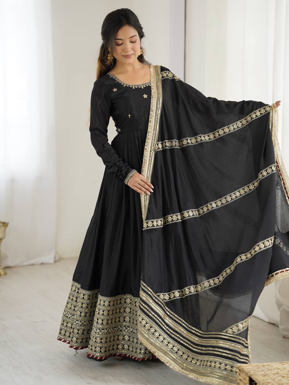 White Color Chinon Silk Thread Work Gown
