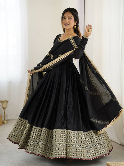White Color Chinon Silk Thread Work Gown