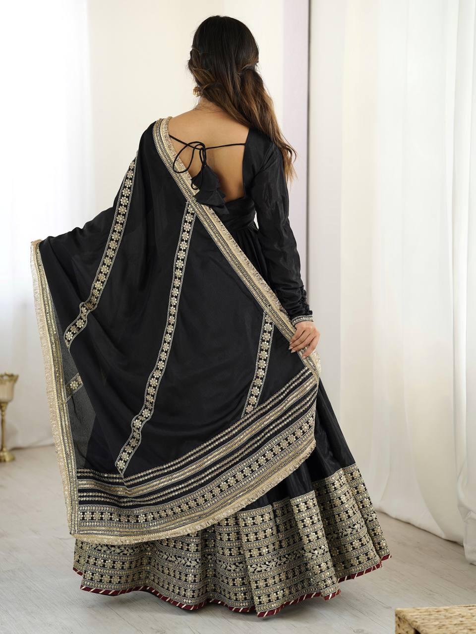 White Color Chinon Silk Thread Work Gown