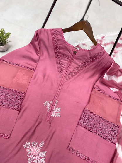 Pink Color  Roman Silk Embroidery Work Top Pent