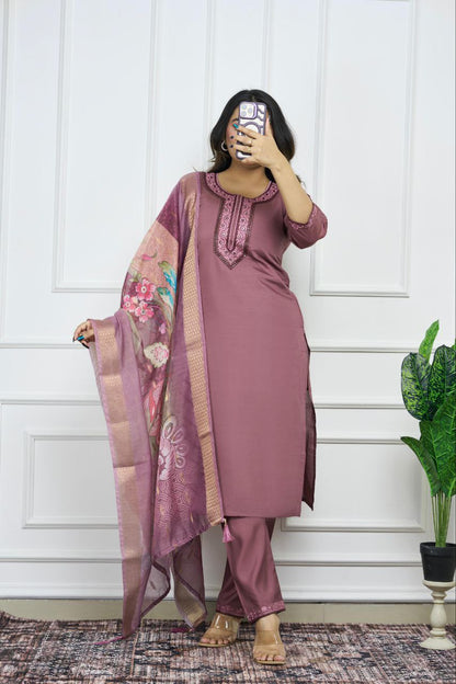 Purple Color Premium Roman Silk Kurti