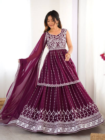 Orange Color Faux Georgette With Sequence Work Top Lehenga
