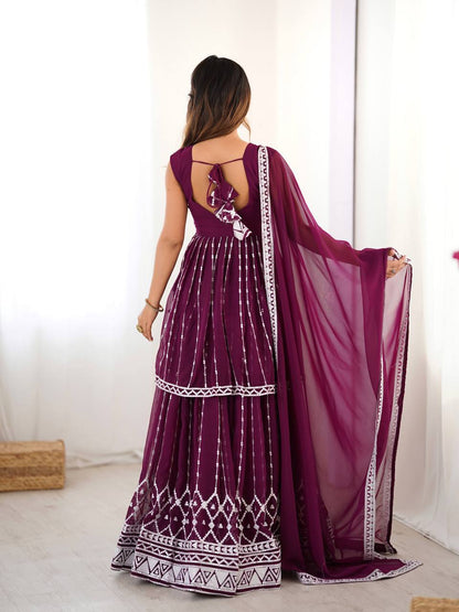 Orange Color Faux Georgette With Sequence Work Top Lehenga