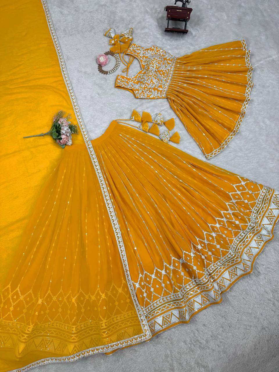 Orange Color Faux Georgette With Sequence Work Top Lehenga