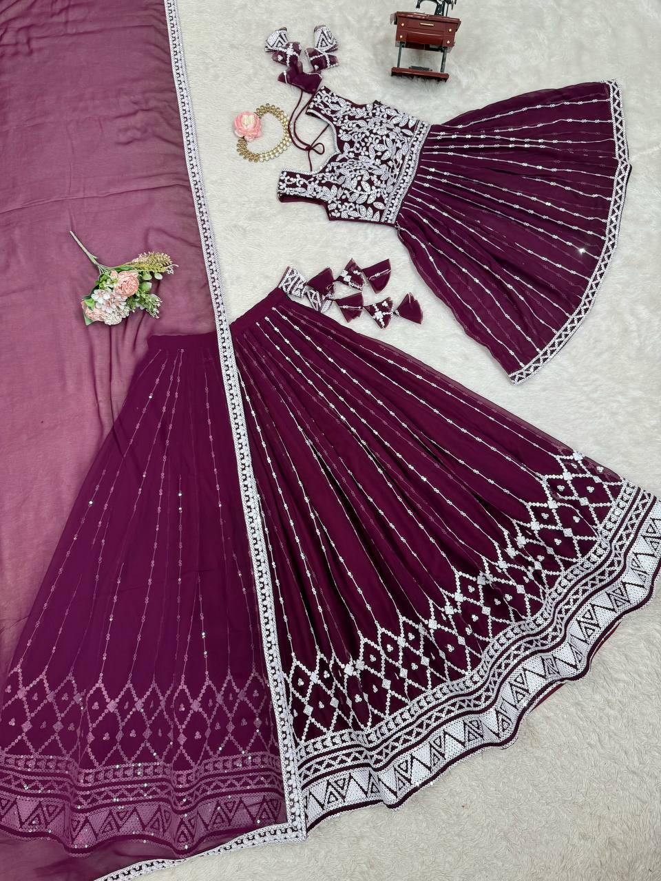 Orange Color Faux Georgette With Sequence Work Top Lehenga