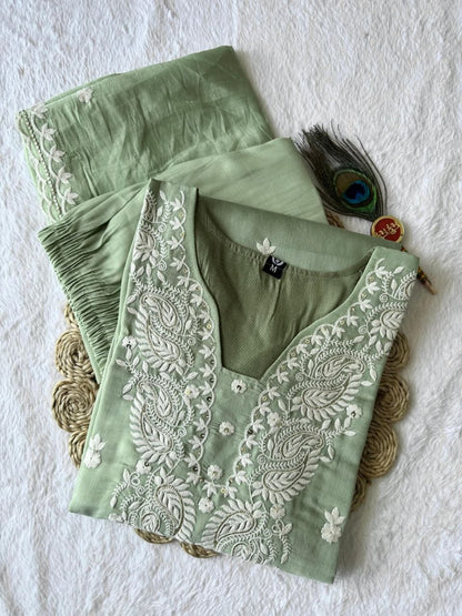 Pista Color Mul Chanderi Embroider Work Top Pent