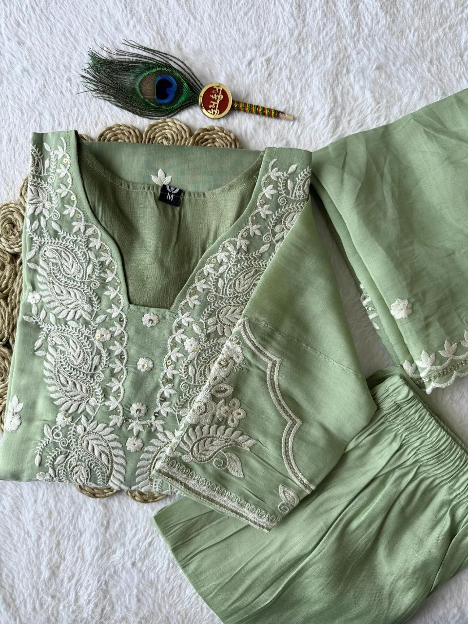 Pista Color Mul Chanderi Embroider Work Top Pent