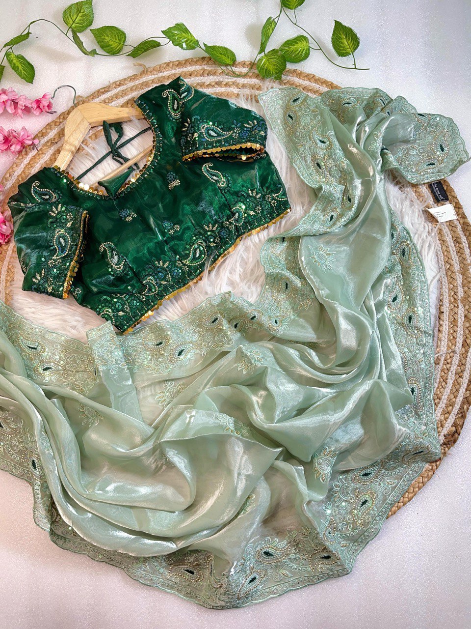 Best Selling Party Wear Jimmy Chu Saree With Stitched Blouse