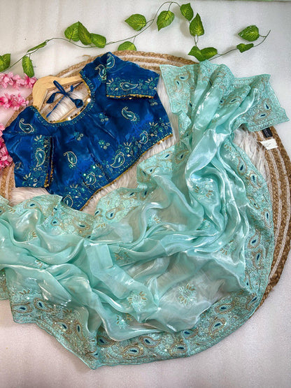 Best Selling Party Wear Jimmy Chu Saree With Stitched Blouse