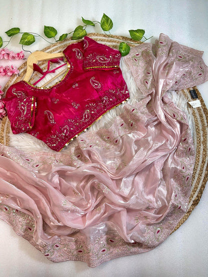 Best Selling Party Wear Jimmy Chu Saree With Stitched Blouse