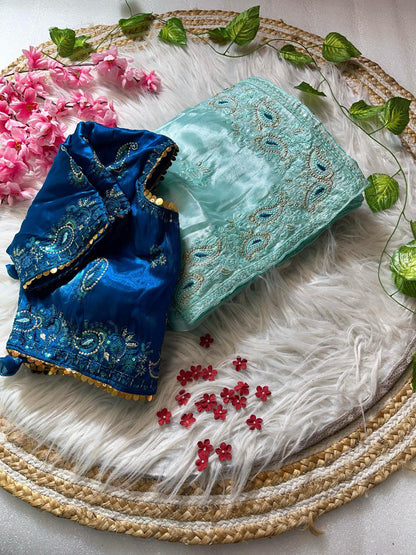 Best Selling Party Wear Jimmy Chu Saree With Stitched Blouse