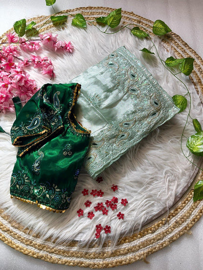 Best Selling Party Wear Jimmy Chu Saree With Stitched Blouse