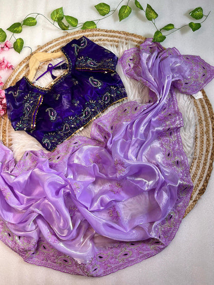 Best Selling Party Wear Jimmy Chu Saree With Stitched Blouse