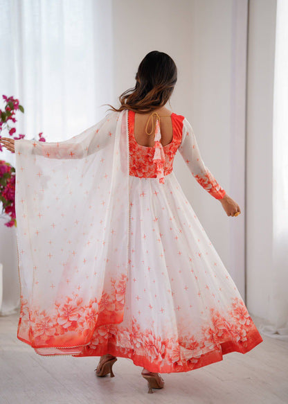 White Color Organza Soft Silk  With Digital Print Work Gown