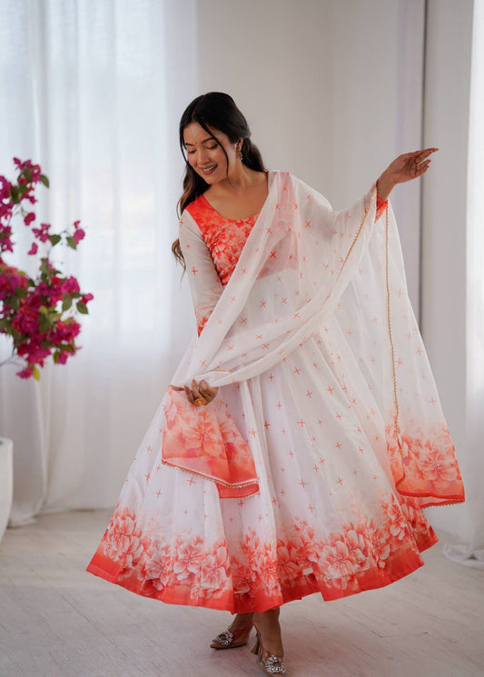 White Color Organza Soft Silk  With Digital Print Work Gown