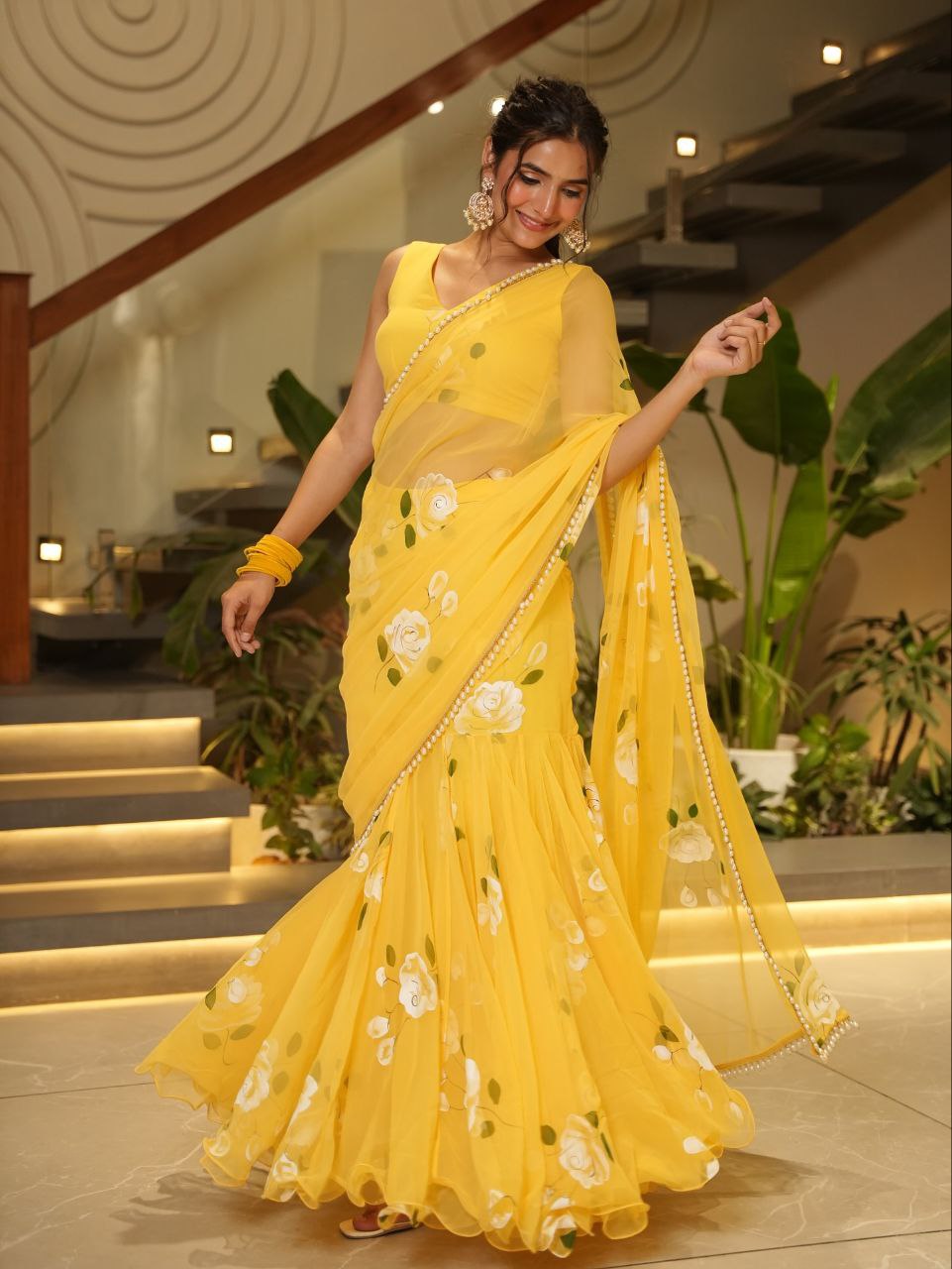 Yellow Color Premium Georgette With Print Work Lehenga Saree