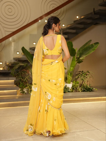 Yellow Color Premium Georgette With Print Work Lehenga Saree