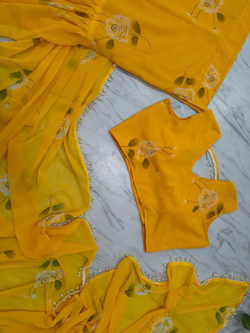 Yellow Color Premium Georgette With Print Work Lehenga Saree