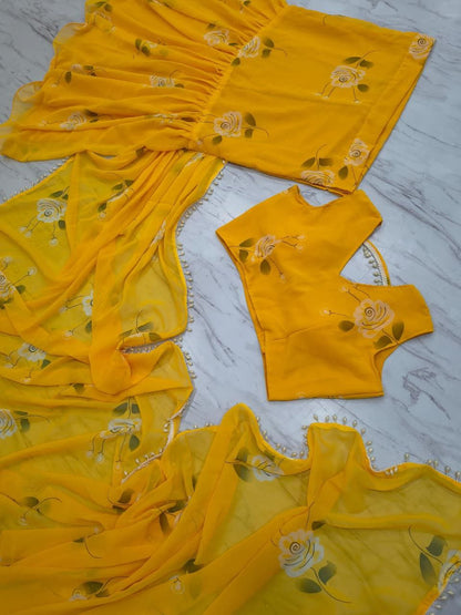 Yellow Color Premium Georgette With Print Work Lehenga Saree