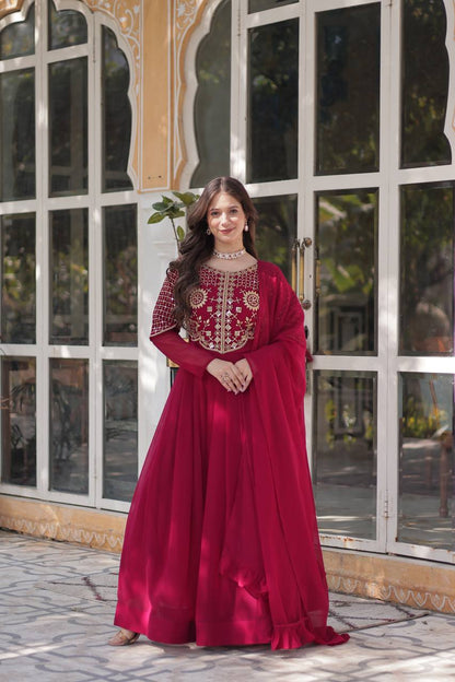 Faux Blooming Georgette Attractive Embroidered Work Cotton Lining Gown