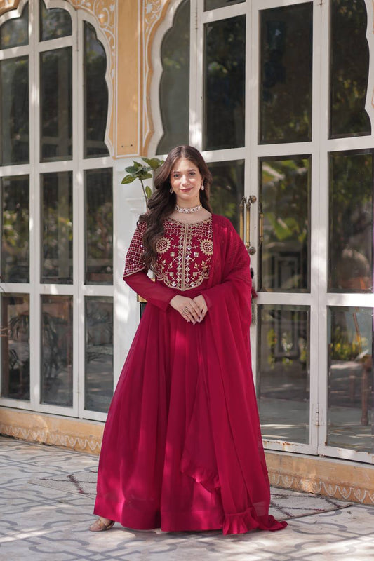 Faux Blooming Georgette Attractive Embroidered Work Cotton Lining Gown