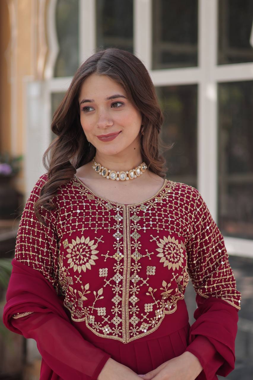 Faux Blooming Georgette Attractive Embroidered Work Cotton Lining Gown