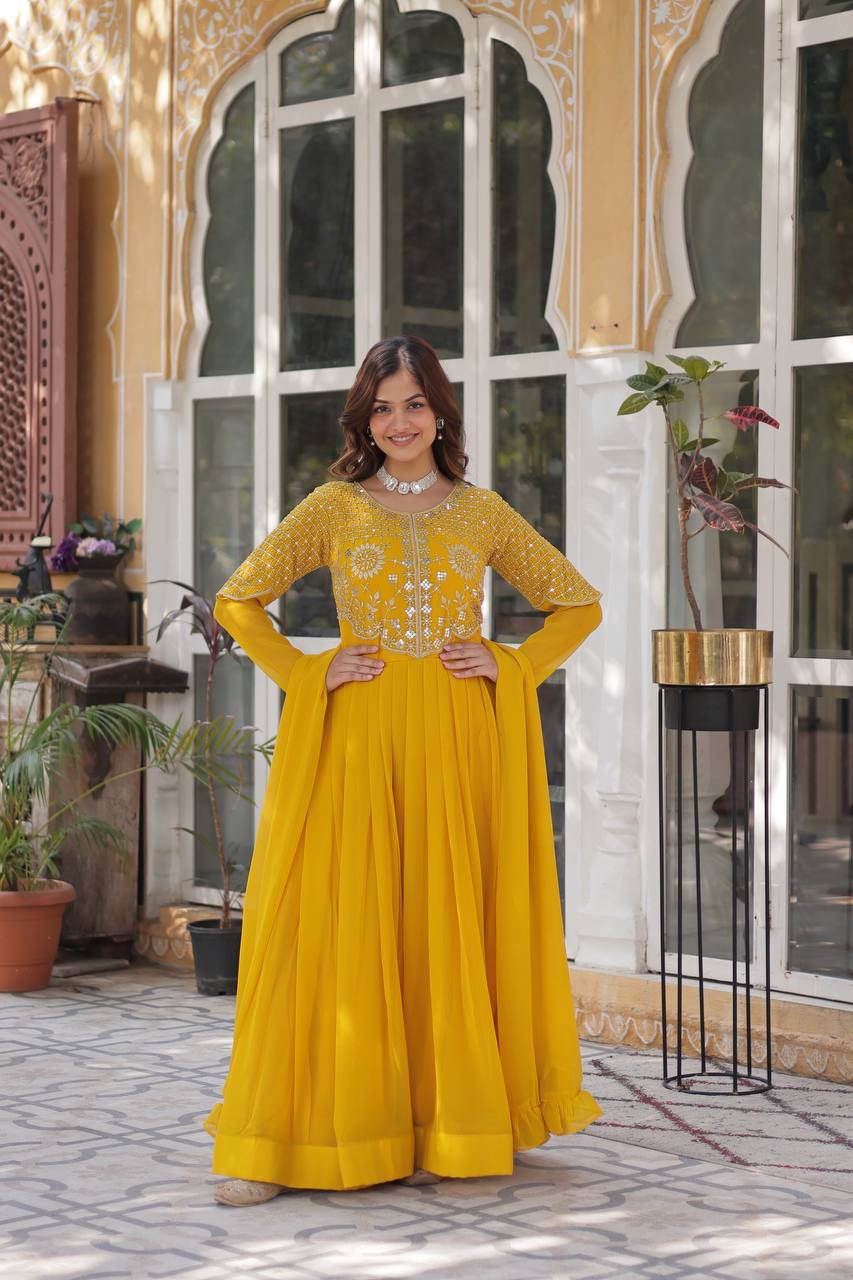 Faux Blooming Georgette Attractive Embroidered Work Cotton Lining Gown
