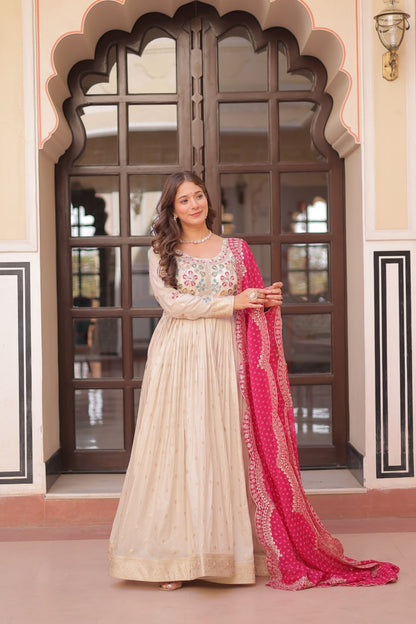 COSMOS WEAVING JAQUARD TRADITIONAL LOOK GOWN WITH BEAUTIFUL BANDHNI PRINT DUPATTA CREAMY COLOR