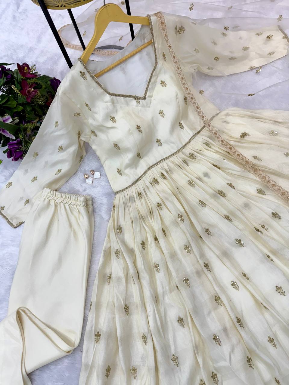 Chimmer Embroidery With Fancy Lace Work Gown