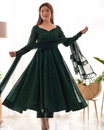 DESIGNER LUKHNOWI SEQUENCE WORK GREEN COLOR ANARKALI GOWN WITH 4 MTR FLAIR