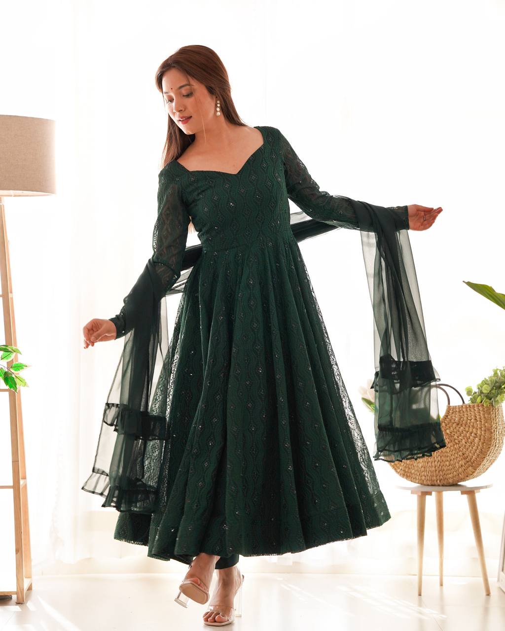 DESIGNER LUKHNOWI SEQUENCE WORK GREEN COLOR ANARKALI GOWN WITH 4 MTR FLAIR