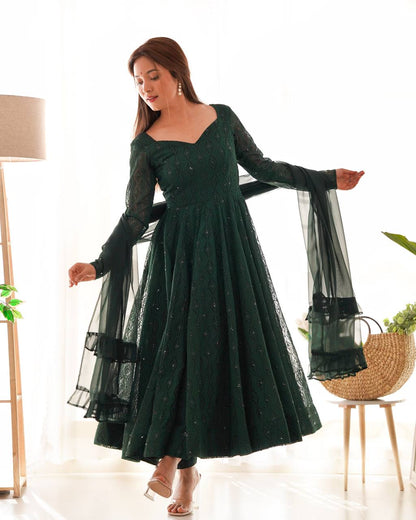 DESIGNER LUKHNOWI SEQUENCE WORK GREEN COLOR ANARKALI GOWN WITH 4 MTR FLAIR