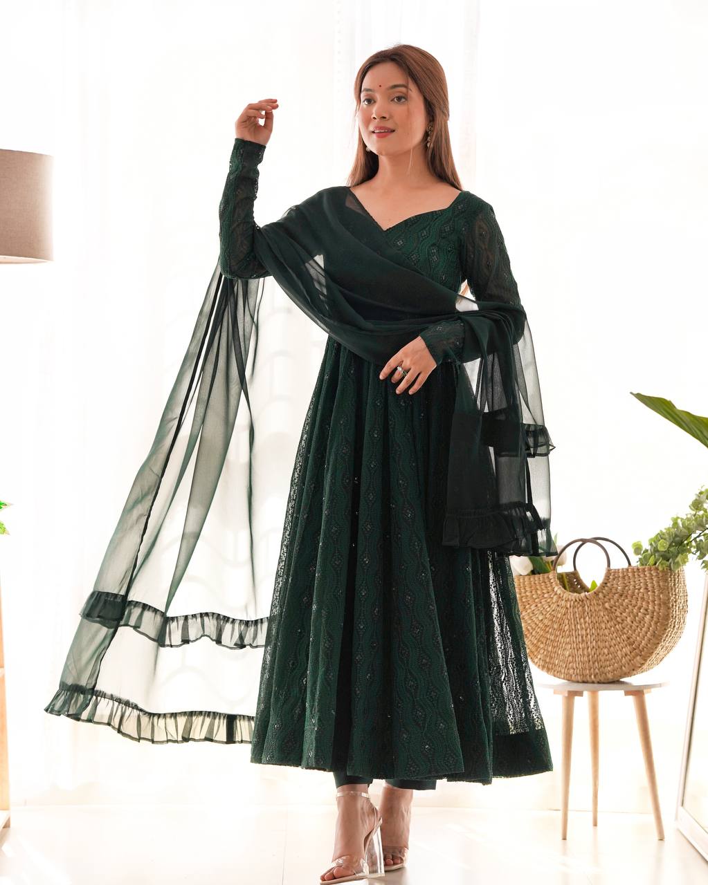 DESIGNER LUKHNOWI SEQUENCE WORK GREEN COLOR ANARKALI GOWN WITH 4 MTR FLAIR