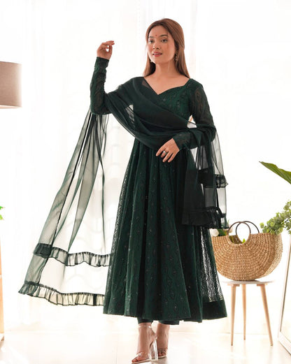 DESIGNER LUKHNOWI SEQUENCE WORK GREEN COLOR ANARKALI GOWN WITH 4 MTR FLAIR