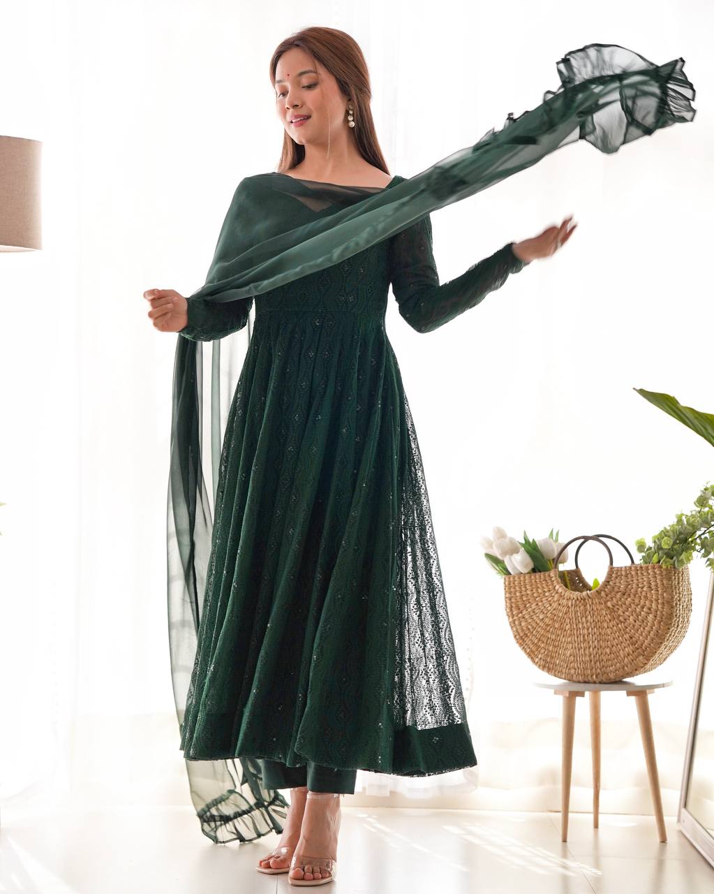 DESIGNER LUKHNOWI SEQUENCE WORK GREEN COLOR ANARKALI GOWN WITH 4 MTR FLAIR