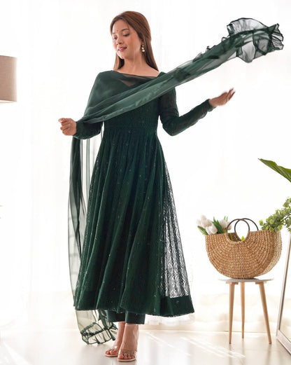 DESIGNER LUKHNOWI SEQUENCE WORK GREEN COLOR ANARKALI GOWN WITH 4 MTR FLAIR