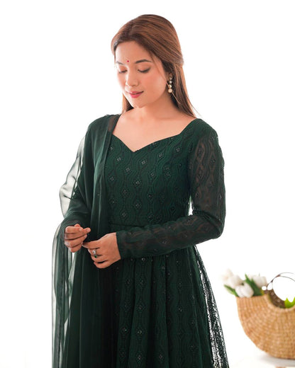 DESIGNER LUKHNOWI SEQUENCE WORK GREEN COLOR ANARKALI GOWN WITH 4 MTR FLAIR