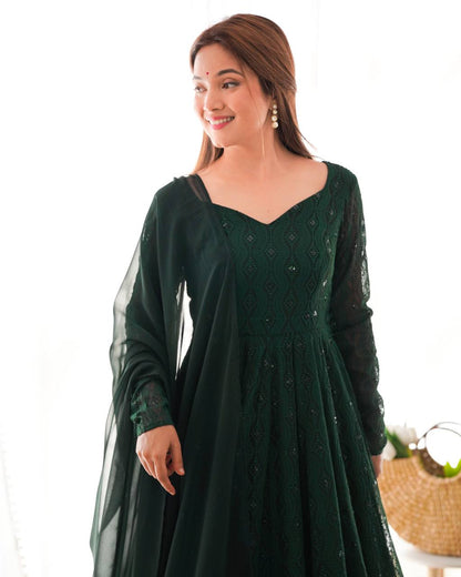 DESIGNER LUKHNOWI SEQUENCE WORK GREEN COLOR ANARKALI GOWN WITH 4 MTR FLAIR