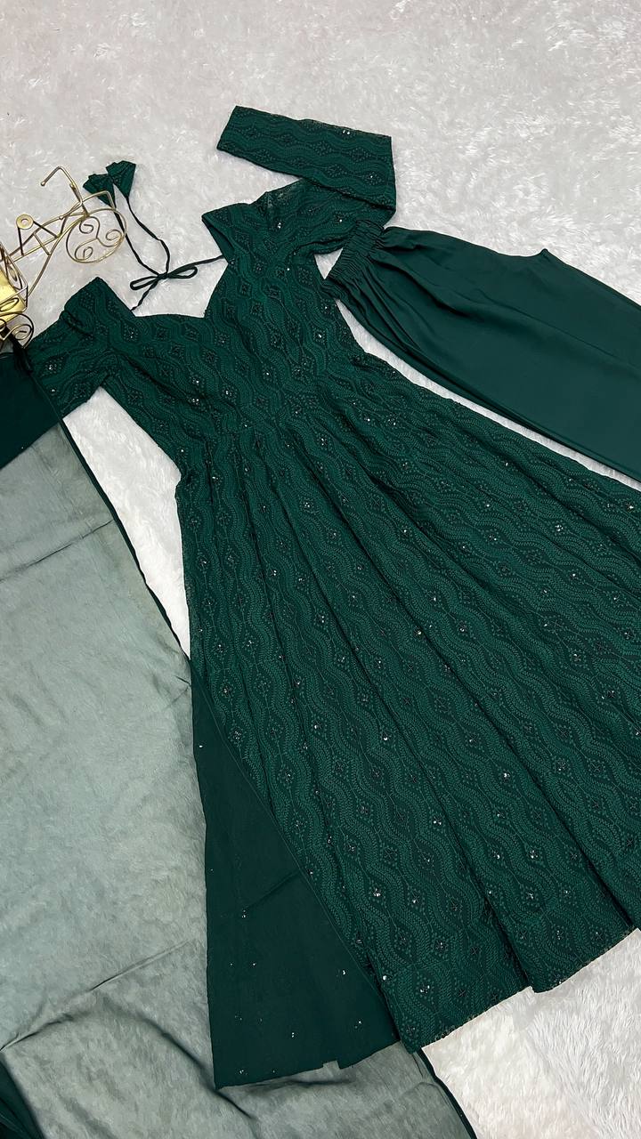 DESIGNER LUKHNOWI SEQUENCE WORK GREEN COLOR ANARKALI GOWN WITH 4 MTR FLAIR