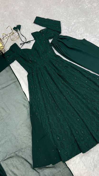 DESIGNER LUKHNOWI SEQUENCE WORK GREEN COLOR ANARKALI GOWN WITH 4 MTR FLAIR