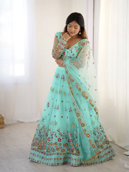 Sky Blue Color Soft Net Thread And Sequence Work Lehenga Choli