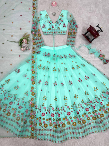 Sky Blue Color Soft Net Thread And Sequence Work Lehenga Choli