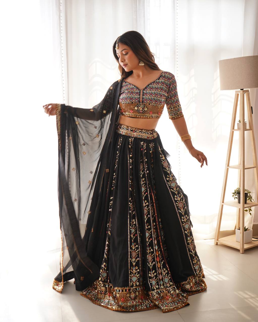 Black Color Faux Georgette Sequence Work Lehenga Choli