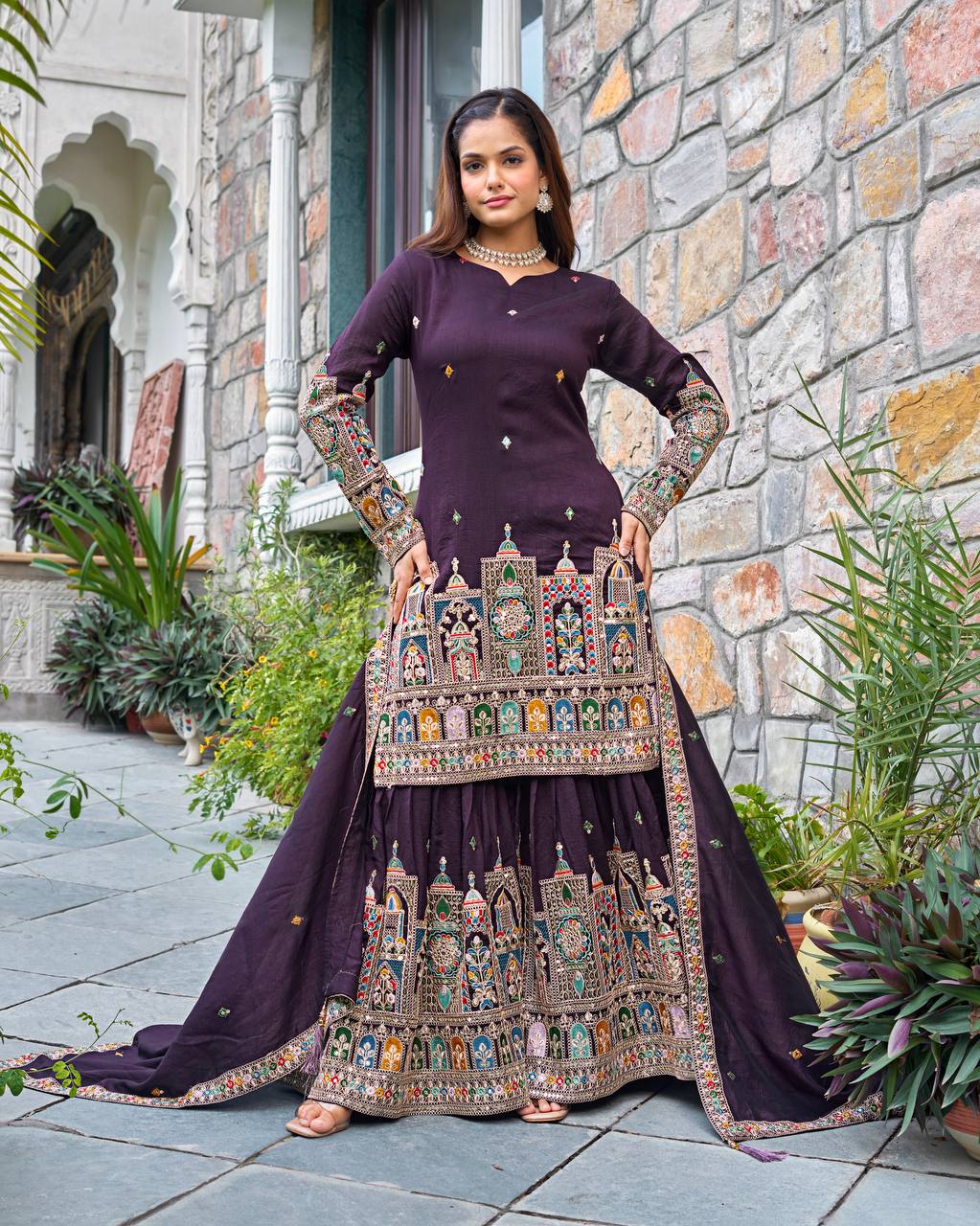 Pure Chinon Silk Heavy Embroidery Work Top Plazzo