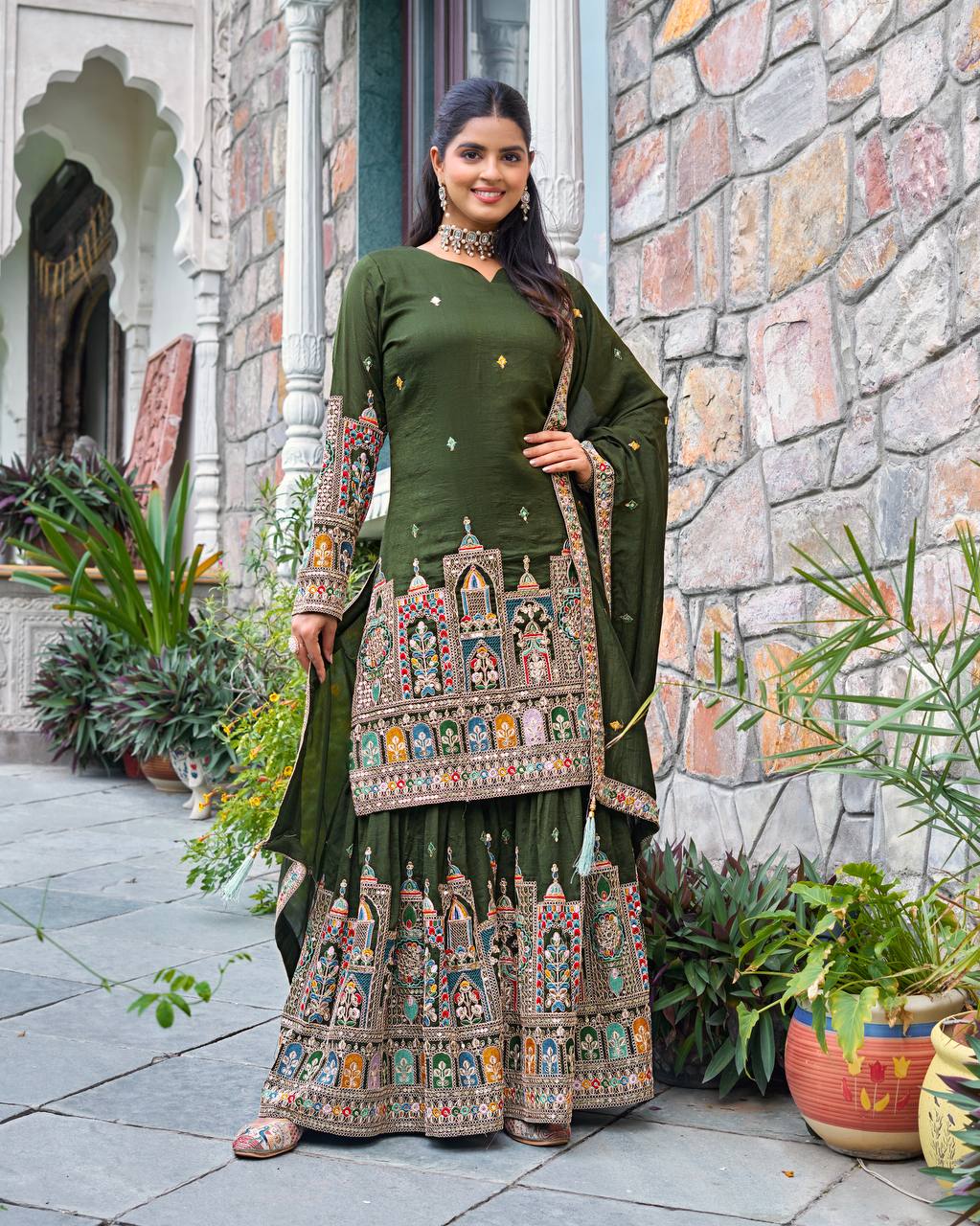 Pure Chinon Silk Heavy Embroidery Work Top Plazzo