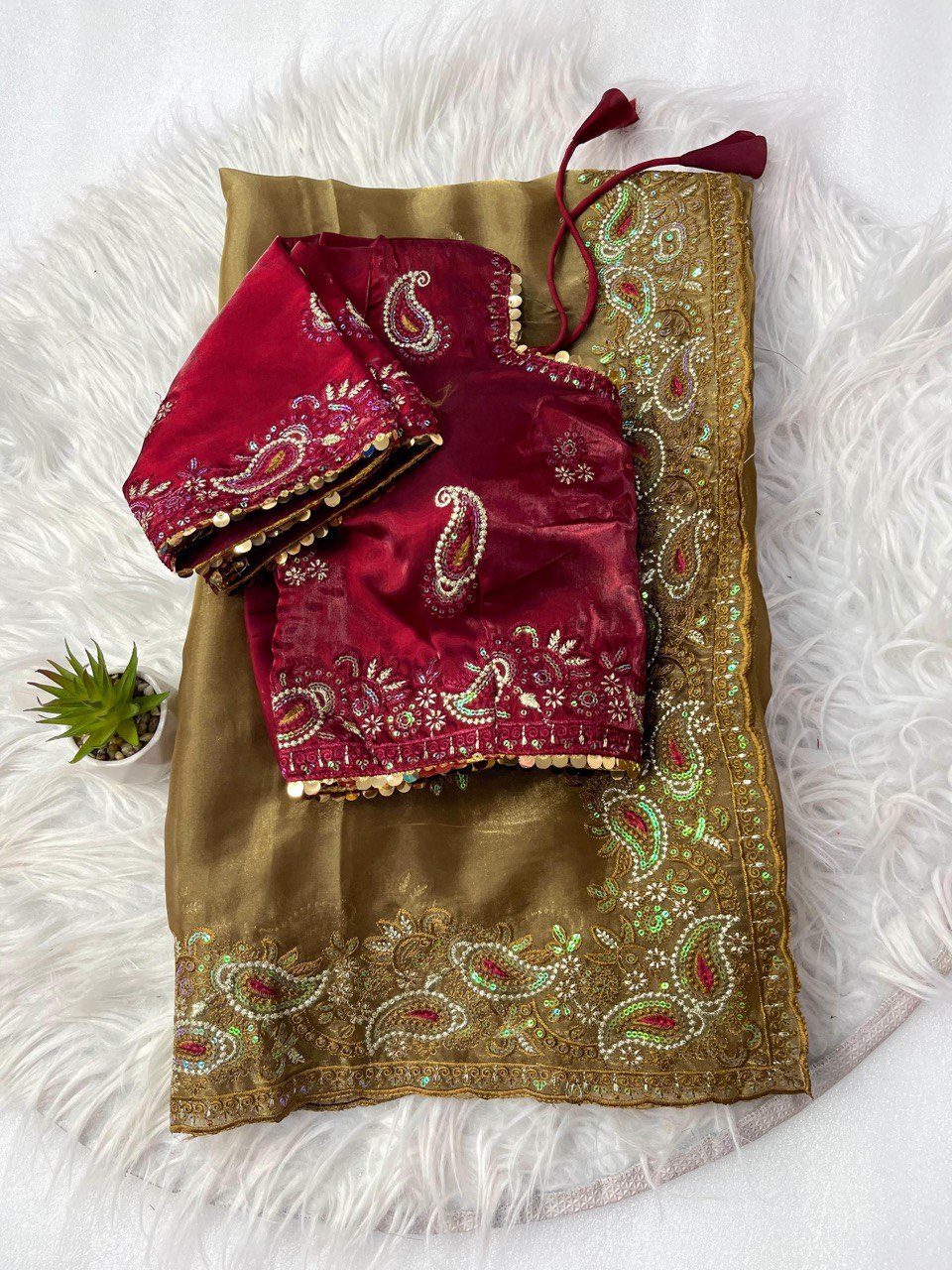 Best Selling Party Wear Jimmy Chu Saree With Stitched Blouse