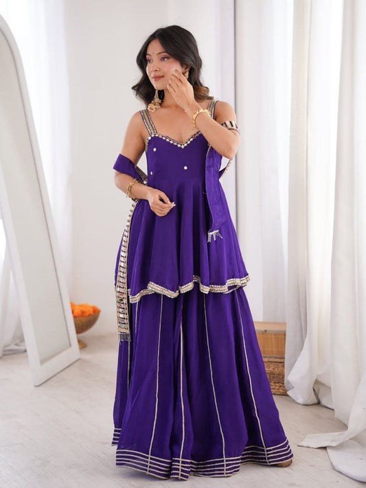 Soft Chinon Mirror Work Gown Palazzo Set