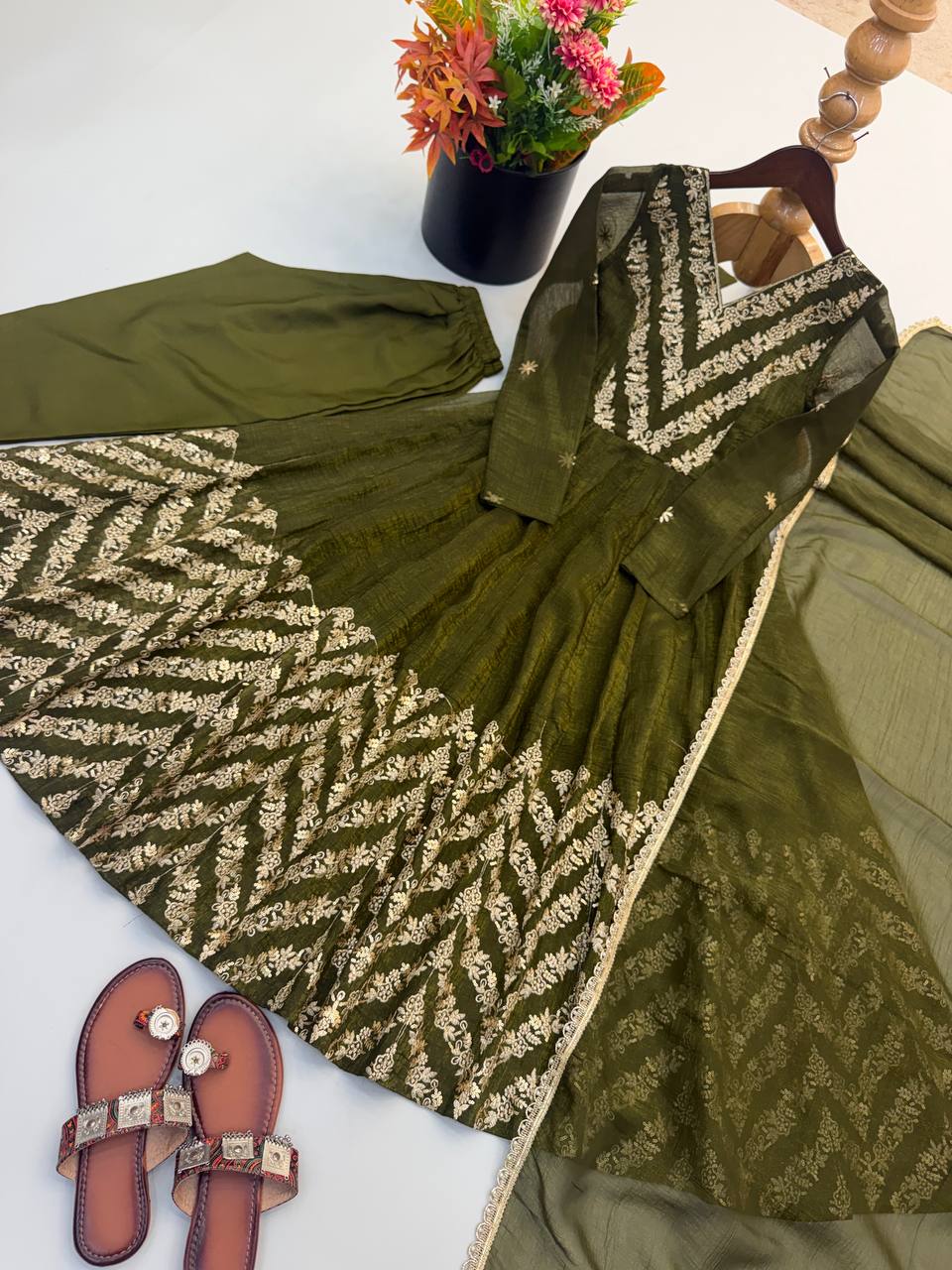 Crunchy Silk Embroidery Sequence Work Gown